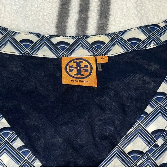 Authentic Tory Burch Blue White Geometric Print Sleeveless Pleated Dress Size 10 - Picture 9 of 13